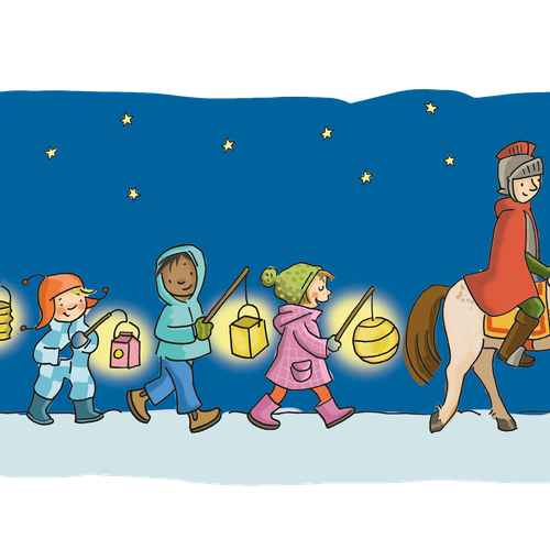 Ein gezeichneter Sankt Martin mit laternelaufenden Kindern